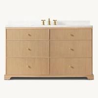 Meuble-lavabo de salle de bain moderne en bois massif avec rainure rayée Porte laquée Comptoir en marbre Meuble à tiroirs de rangement autoportant