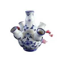 Vase à tulipes Delft vintage à 3 doigts, peint à la main, bleu et blanc, magnifique état