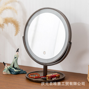 กระจกแต่งหน้าอัจฉริยะกรอบไม้ไผ่ ทรงกลม ไฟ LED ตั้งโต๊ะ หมุนได้ ปรับแสงได้ - Product Image 1