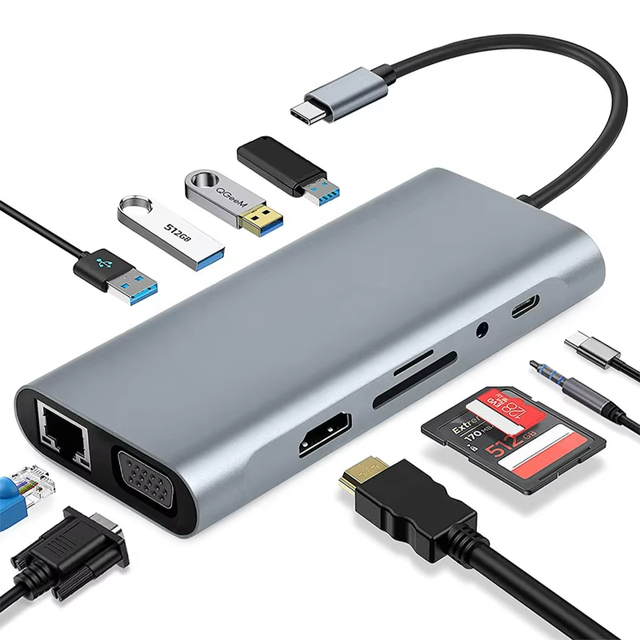 Multi Type c Hub 11 in 1 Usb c Docking Station Adapter PD USB3.0 HDMI VGA RJ45 Ethernet SD/TF imac Accessories for Pro Users