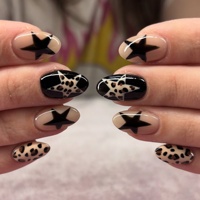 Black Star Press on Nails Leopard Nude Oval Nail Art Animal Print Y2K Street Style Party Kuku Palsu Manikur Trendi 4547