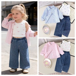 Nuova Collezione Primavera 2026: Completo Casual Rosa a Righe Traspirante con <span class=keywords><strong>Camicia</strong></span>, Gilet e Pantaloni in <span class=keywords><strong>Denim</strong></span> per Bambine - Product Image 2
