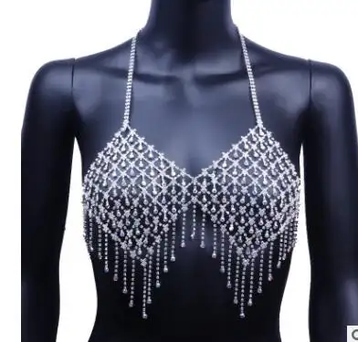 Queena AB Rhinestone Chest Body Jewelry Sexy for Women Beach Tassel Body Chain Crystal Bikini Underwear Bra Accessories Gift