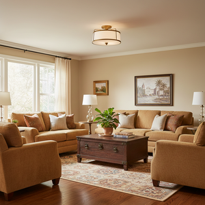 Vintage plafondlamp rustieke hotellaatsteenkamerdecoratie antiek gouden getextureerd metaal witte stoffen trommelkap LED semi-inbouwlamp - Product Image 2