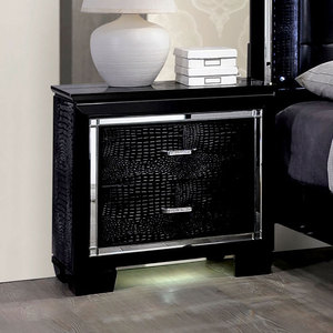 Contemporary Black Nightstand With <b>LED</b> Light <b>Mirror</b> Drawer Bedroom Furniture - Product Image 1