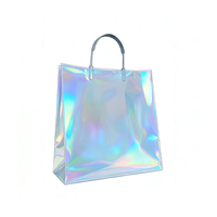 Sac fourre-tout transparent holographique en PP à fond carré, uni, irisé arc-en-ciel, pour supermarché, avec poignée en plastique