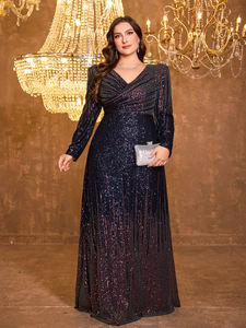 <span class=keywords><strong>Vestido</strong></span> de Fiesta Elegante de Alta Calidad para Mujer, Cuello en V, Manga Larga Estilo <span class=keywords><strong>Princesa</strong></span>, Cintura Ajustada, Lentejuelas Brillantes con Efecto Ombre - Product Image 5