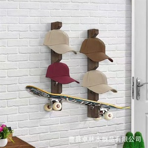 Support mural transfrontalier en bois massif pour casquettes de baseball et planches à roulettes, étagère de rangement murale pour entrée - Product Image 2
