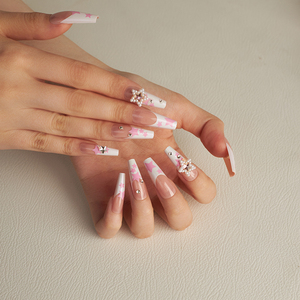 Faux ongles à presser style français, forme cercueil, pointe cœur, en ABS, à coller, couvrance totale - Product Image 4