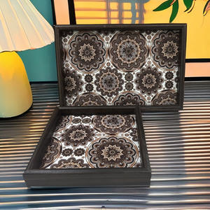 صينية شاي خشبية بتصميم بوهيمي عتيق باللون البرتقالي، صينية تخزين للمكتب والطاولة - Product Image 4