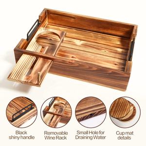 ถาดไม้แบบมีหูจับและที่วางแก้ว ถาดเสิร์ฟไวน์ไม้ ถาดเสิร์ฟบนเตียง โต๊ะกาแฟ - Product Image 3
