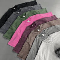 275gsm kaus rajut longgar pria, baju lengan pendek katun 100% gaya Vintage, kaus rajut longgar pola kustom mode musim panas