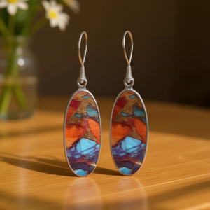 Orecchini pendenti Bohemia placcati in argento con intarsio ovale in resina, gioielli da festa da donna E3961 - Product Image 2