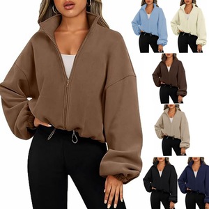 Women's Fleece <b>Zip</b>-<b>Up</b> Jacket Casual Stand Collar Sportswear with Drawstring Hem Loose <b>Cropped</b> Sweatshirt - Product Image 2