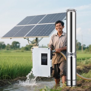 Bomba de agua solar centrífuga de acero inoxidable de pozo profundo de flujo de 19 metros cúbicos de 4 pulgadas con controlador MPPT - Product Image 1