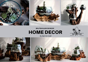 Terrario <span class=keywords><strong>in</strong></span> <span class=keywords><strong>Vetro</strong></span> Soffiato a Mano con Bolle Blu su Legno di Teak Naturale, Decorazione per Interni, Vaso con Supporto, Kit per Terrari - Product Image 4