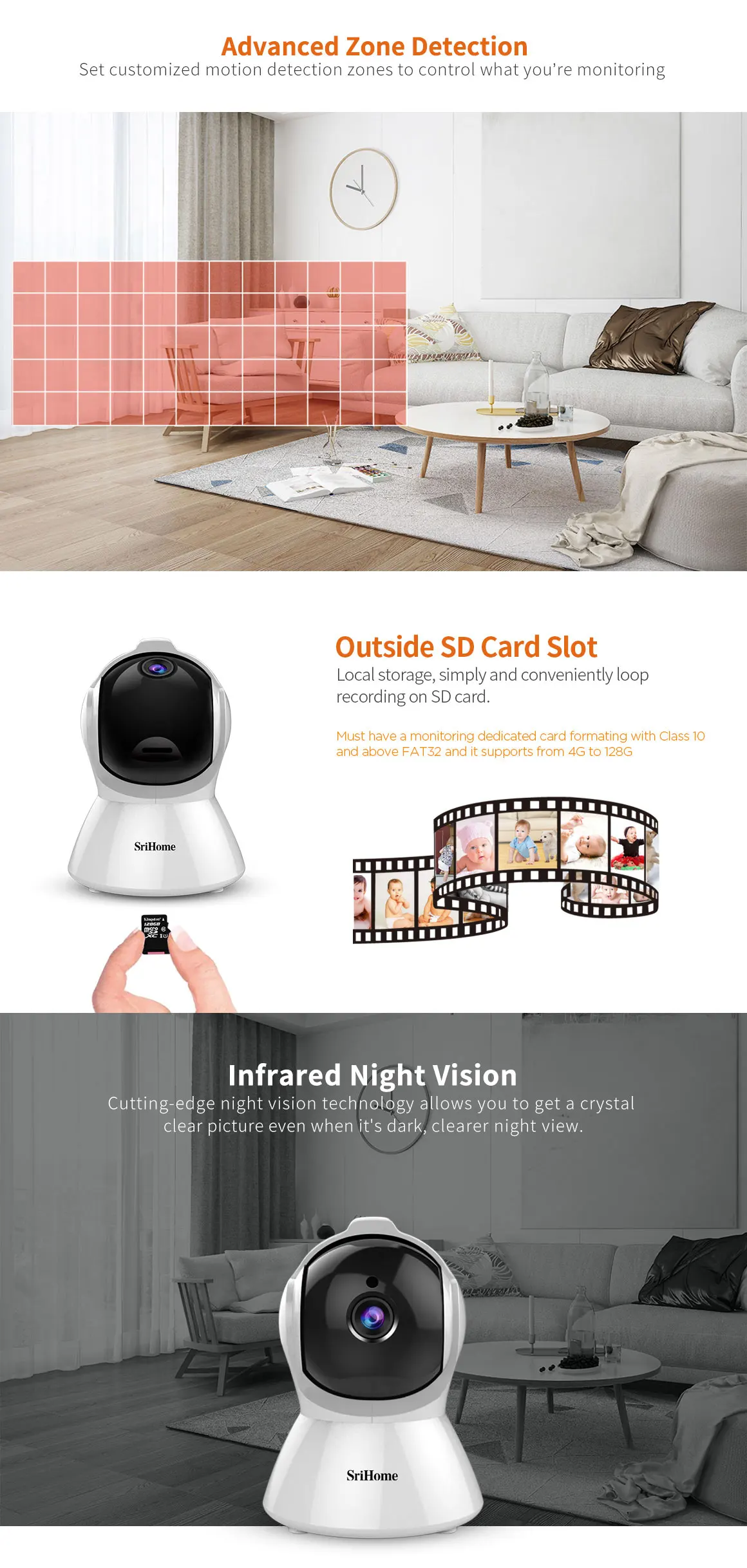 Srihome SH025 CCTV Wifi IP Camera indoor camera Security Camera System Two Way Audio AI Humanoid Detection Night Vision