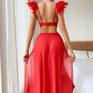 Conjunto Exótico Sexy Belly Queen, Top Corto con Tirantes de Plumas Rojas y Falda Transparente con Abertura Alta, Disfraz para Juego de Roles - Product Image 4