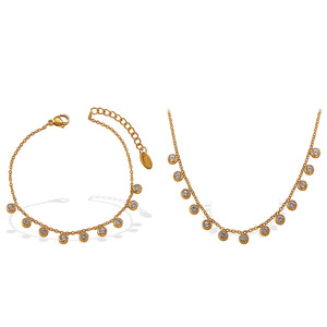 French Inspired Diamond <b>Bracelet</b> And Necklace <b>Set</b> 18K Gold Plated Stainless Steel Women's Jewelry Everyday Wear - Product Image 5