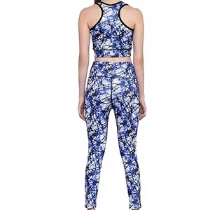 <b>Blue</b> Solid Yoga Set Mid Waist Full Length Leggings <b>Crop</b> <b>Top</b> Racerback Sleeveless Spandex/Nylon 2 Piece Customizable Workout Wear - Product Image 4
