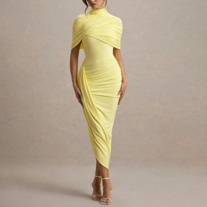 ZYHT 75128 Collezione Estiva <span class=keywords><strong>Abito</strong></span> Casual <span class=keywords><strong>Midi</strong></span> con Maniche Corte in Tessuto <span class=keywords><strong>Jersey</strong></span> Elasticizzato Giallo Crema e Bianco, con Mantella Asimmetrica Intrecciata - Product Image 1