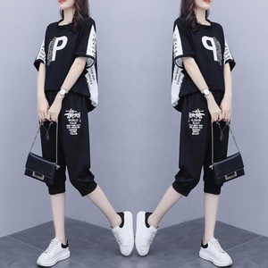 Ensemble de sport décontracté pour femmes, robe d'été, nouvelle <span class=keywords><strong>taille</strong></span> <span class=keywords><strong>grande</strong></span>, ensemble pour femmes, pantalon court à manches courtes, ensemble décontracté deux pièces - Product Image 3