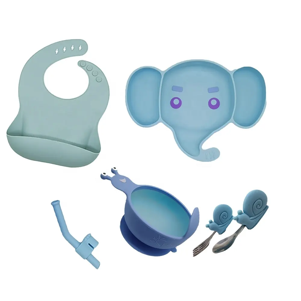 Conjunto de alimentación 6 en 1 con forma de elefante para bebé, vajilla de silicona sin BPA para niño