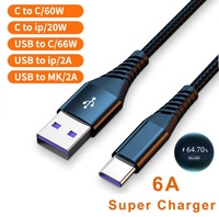 Câble de données Super Fast 6A 66W Type-C en nylon tressé à vitesse rapide Micro cordon adaptateur USB-C pour téléphone mobileCâble de charge USB