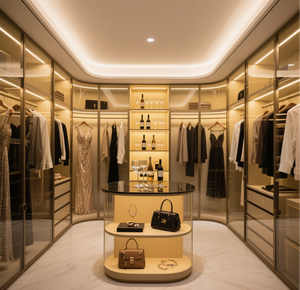 Armoires <span class=keywords><strong>de</strong></span> rangement modernes en bois avec portes en verre et lumières intégrées Rangement des vêtements pour le salon <span class=keywords><strong>de</strong></span> l'atelier - Product Image 2