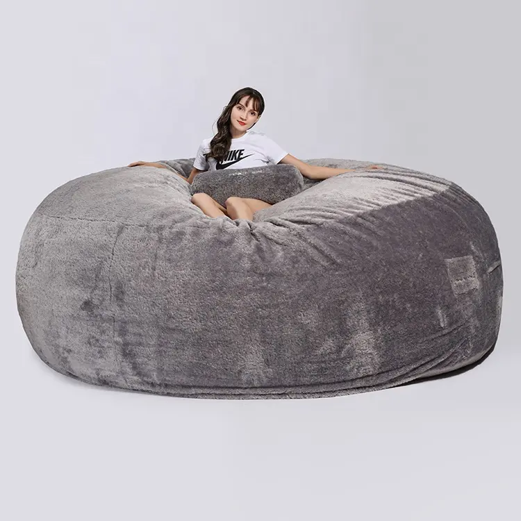 FOAM SAC personnalisé sherpa gris clair surdimensionné 9ft 7ft 6ft rond fausse fourrure grand pouf chaise canapé-lit