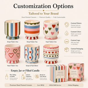 Venta al por Mayor OEM ODM, Frascos de Cerámica para Velas Pintados a Mano con Diseño de Corazón, Rayas y Puntos, Color Personalizado, Paquete de Regalo, Decoración del Hogar, Jalo LZ-1 - Product Image 2