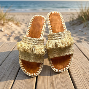 Sandalias Planas de Rafia Marroquí de Moda con Punta Cerrada, Estilo Slip-On, Transpirables para Primavera/Verano, con Forro de Cuero Genuino y Algodón - Product Image 3