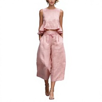 Nouvelle collection 2026 – Ensemble été transfrontalier euro-américain : Haut sans manches à épaules dénudées et ourlet volanté, pantalon court large en polyester