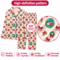 Ensemble de pyjama personnalisé en satin de polyester rose avec col cranté, motif chat de Noël printanier, nœud et logo frontal, pour femme, POD, MOQ 1PC, Dropshipping