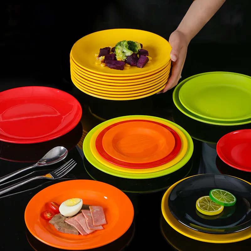 Placa de melamina redonda colorida p8135, conjunto de placas carregadoras personalizadas, aparelho de jantar de melamina