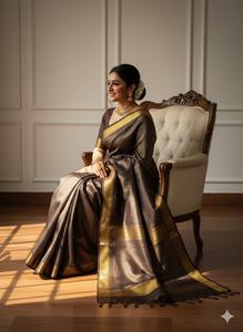 Sari de Seda Marrón Café Premium para Mujer con Elegantes Detalles en el Borde y un Exquisito Estilo Tradicional de la India - Product Image 3