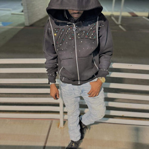 Streetwear personnalisé Sun Fade Hooded Heavyweight Diamond Acid Wash Sweats à capuche couverts de strass pour les hommes - Product Image 4