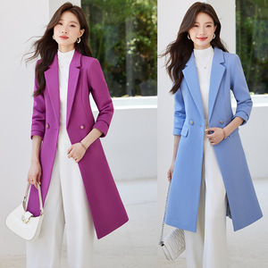 Women's Trench Coat Long Solid Color Polyester Woven Autumn Winter Workwear Outerwear - Product Image 1