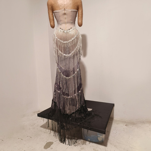 Robe de soirée TianYi à franges en cristal dégradé argent-noir, bustier sans bretelles à motif treillis, longueur ras du sol, costume de scène pour showgirl - Product Image 5
