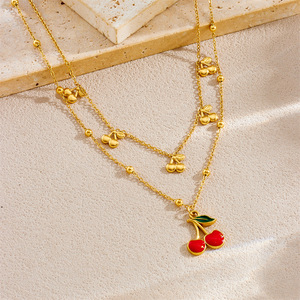 Cute Cherry Pendant Double Layered Necklace Zinc Alloy Chain Women Fashion Jewelry - Product Image 2