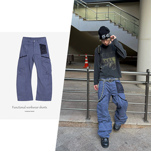 [JMWH] COUPURE Pantalon cargo court en coton durable, taille mi-haute, braguette zippée, devant plissé, multi-poches croisées, pour le travail et les jardiniers - Product Image 1