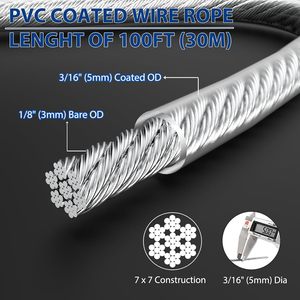 สายเคเบิลเหล็ก Hannger 3/16 นิ้ว ยาว 100 ฟุต เคลือบ PVC แบบ 7x7 Strand สำหรับราวบันได ระเบียง และชานบ้าน - Product Image 2
