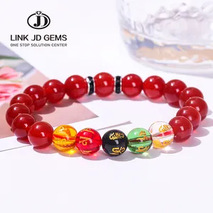 JD Fengshui خمسة عناصر Bead سوار معصم مرن من الحجر الطبيعي أسود عقيق أحمر كلمات بوذي منحوت سوار حبلا