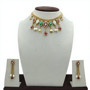 Traditional Gold Plated Choker <b>Necklace</b> <b>Set</b> with Kundan Polki Red Green Stones <b>Pearl</b> Drops and Matching Earrings - Product Image 3