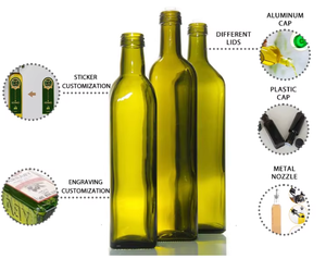 Bouteilles en verre carrées vides en verre Marasca antique de noyer et camélia, 250 ml et 1000 ml, avec couvercle, vente en gros pour le stockage d'huile d'olive - Product Image 5