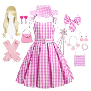 Çocuk kız bebek elbise Cosplay gerçek pembe ekose Checker damalı elbise tatlı çocuklar güzel tatlı prenses kostümleri