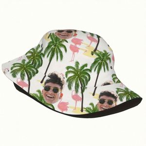 Sombrero de Pescador Hawaiano Personalizado con Diseño Tropical de Flamencos y Palmeras, Ala Ancha, Protección Solar para Playa y Pesca, Estilo de Dibujos Animados - Product Image 3