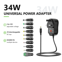 Adaptateur secteur universel 34W 3V 4.5V 5V 6V 7.5V 9V 12V 2A MaxAC/DC, chargeur réglable 3V-12V avec 10 connecteurs DC