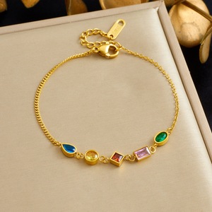 European American Style Minimalist Colored Stone Bracelet Gold Plated Chain Geometric Design Gift Jewelry - Product Image 1