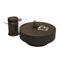 Ensemble de tables basses gigognes rondes en pierre frittée de luxe italien, design avec rangement et tiroir en bois massif pour petit salon